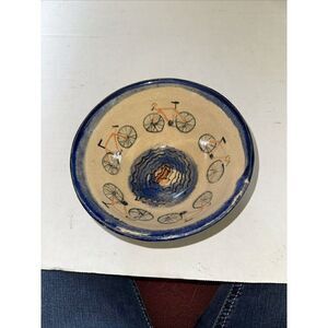 Handmade Pottery Bowl Dish Bicycle Hand Painted Glazed
